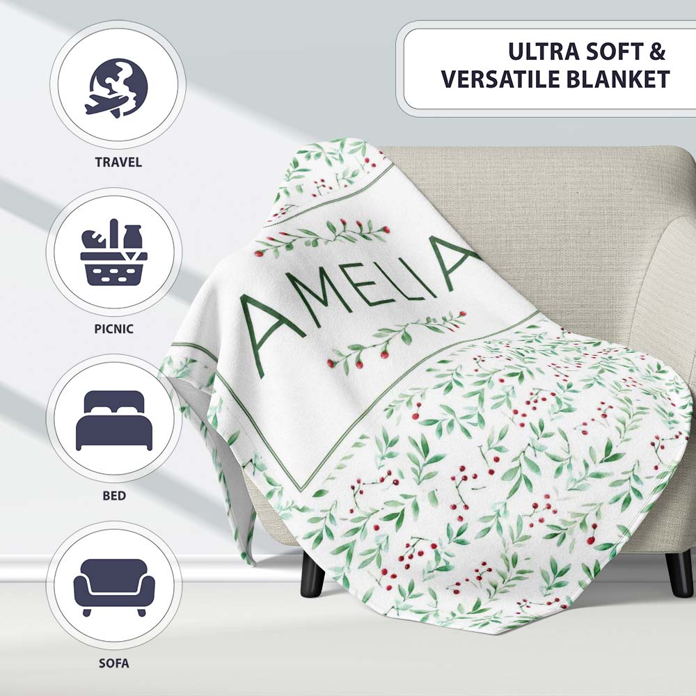 Watercolor Green Leaves and Red Berry Seamless Botanical Pattern  Personalised Custom Name Super Soft Fleece Blanket Bed Sofa Throw