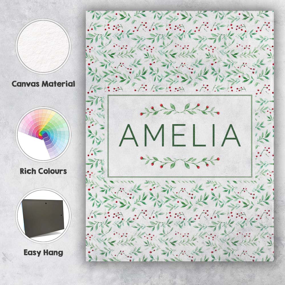 Personalised Name Watercolor Green Leaves Custom  Unique Gift Idea Elegant Feature Canvas Wall Art Print Decor Picture Ready to Hang