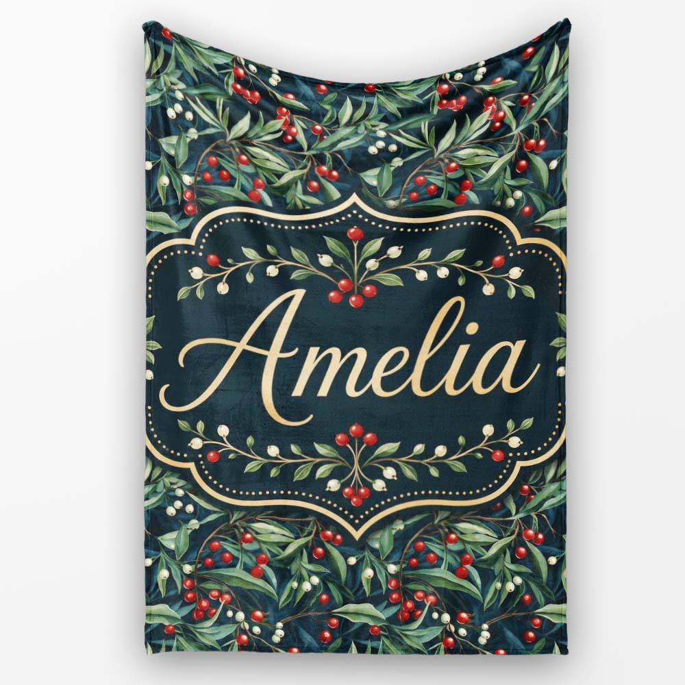 Vintage Dark Botanical Holly Leaves and Red Berries Dense Seamless  Personalised Custom Name Super Soft Fleece Blanket Bed Sofa Throw
