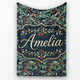 Vintage Dark Botanical Holly Leaves and Red Berries Dense Seamless  Personalised Custom Name Super Soft Fleece Blanket Bed Sofa Throw