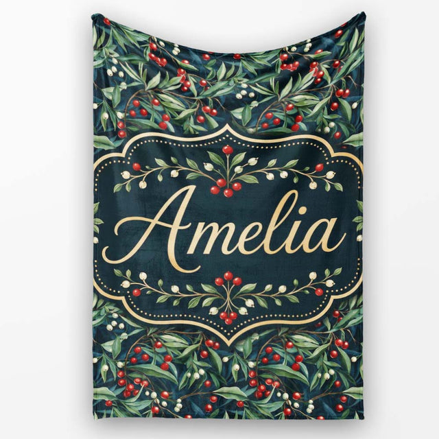 Vintage Dark Botanical Holly Leaves and Red Berries Dense Seamless  Personalised Custom Name Super Soft Fleece Blanket Bed Sofa Throw