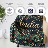 Vintage Dark Botanical Holly Leaves and Red Berries Dense Seamless  Personalised Custom Name Super Soft Fleece Blanket Bed Sofa Throw