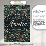 Vintage Dark Botanical Holly Leaves and Red Berries Dense Seamless  Personalised Custom Name Super Soft Fleece Blanket Bed Sofa Throw