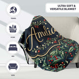 Vintage Dark Botanical Holly Leaves and Red Berries Dense Seamless  Personalised Custom Name Super Soft Fleece Blanket Bed Sofa Throw