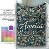 Vintage Dark Botanical Holly Leaves and Red Berries Dense Seamless  Personalised Custom Name Super Soft Fleece Blanket Bed Sofa Throw