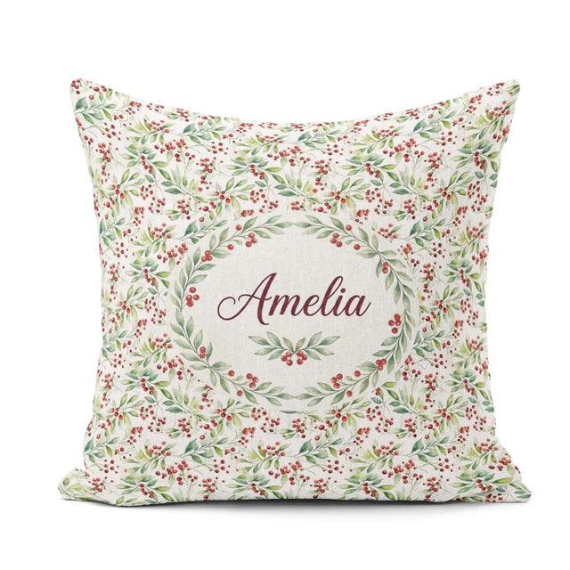 Custom Name Soft Watercolor Foliage and Red Berry Sprigs Pattern Square Filled Cushion Throw Pillow Sofa Bed Home Decor Zip Washable UK Made