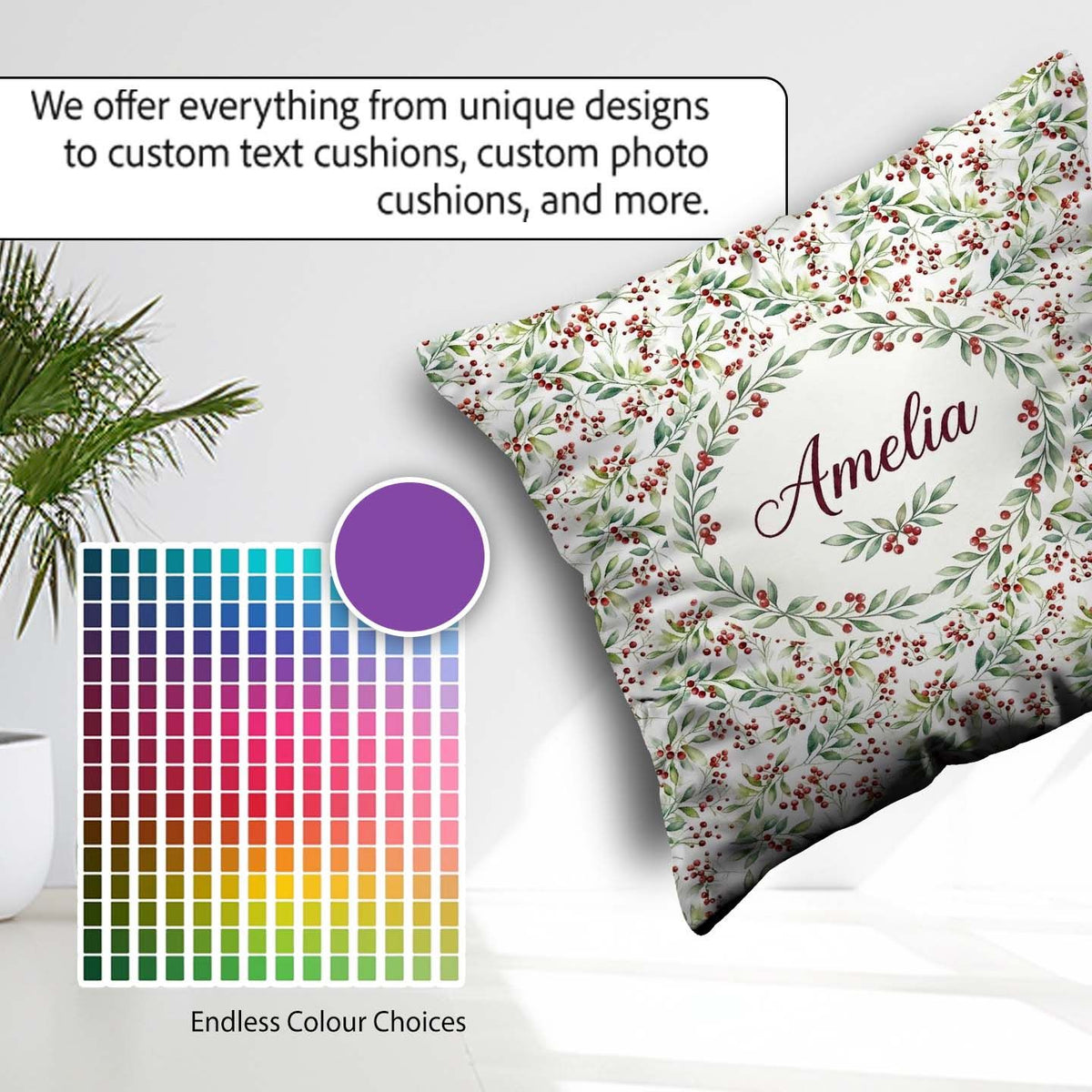 Custom Name Soft Watercolor Foliage and Red Berry Sprigs Pattern Square Filled Cushion Throw Pillow Sofa Bed Home Decor Zip Washable UK Made