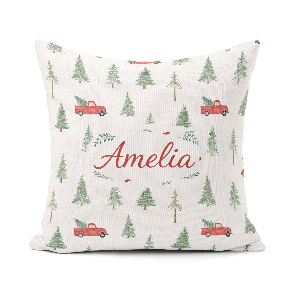 Custom Name Winter Forest Red Car Christmas Tree Seamless Design Square Filled Cushion Throw Pillow Sofa Bed Home Decor Zip Washable UK Made