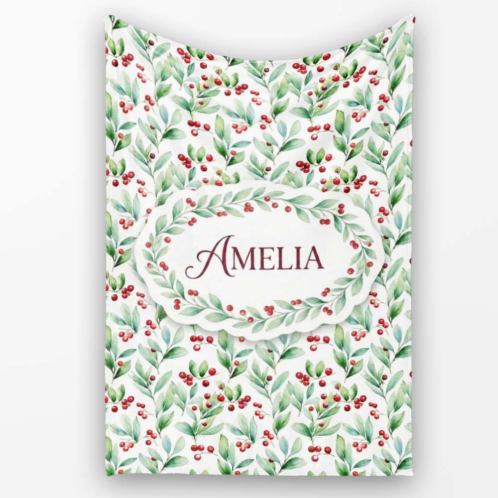 Light Botanical Leaves and Red Berry Clusters Seamless Watercolor  Personalised Custom Name Super Soft Fleece Blanket Bed Sofa Throw