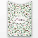 Light Botanical Leaves and Red Berry Clusters Seamless Watercolor  Personalised Custom Name Super Soft Fleece Blanket Bed Sofa Throw
