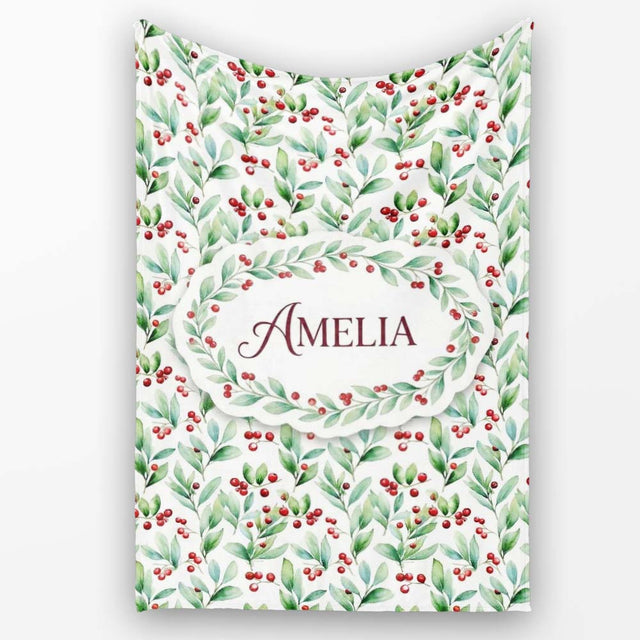 Light Botanical Leaves and Red Berry Clusters Seamless Watercolor  Personalised Custom Name Super Soft Fleece Blanket Bed Sofa Throw