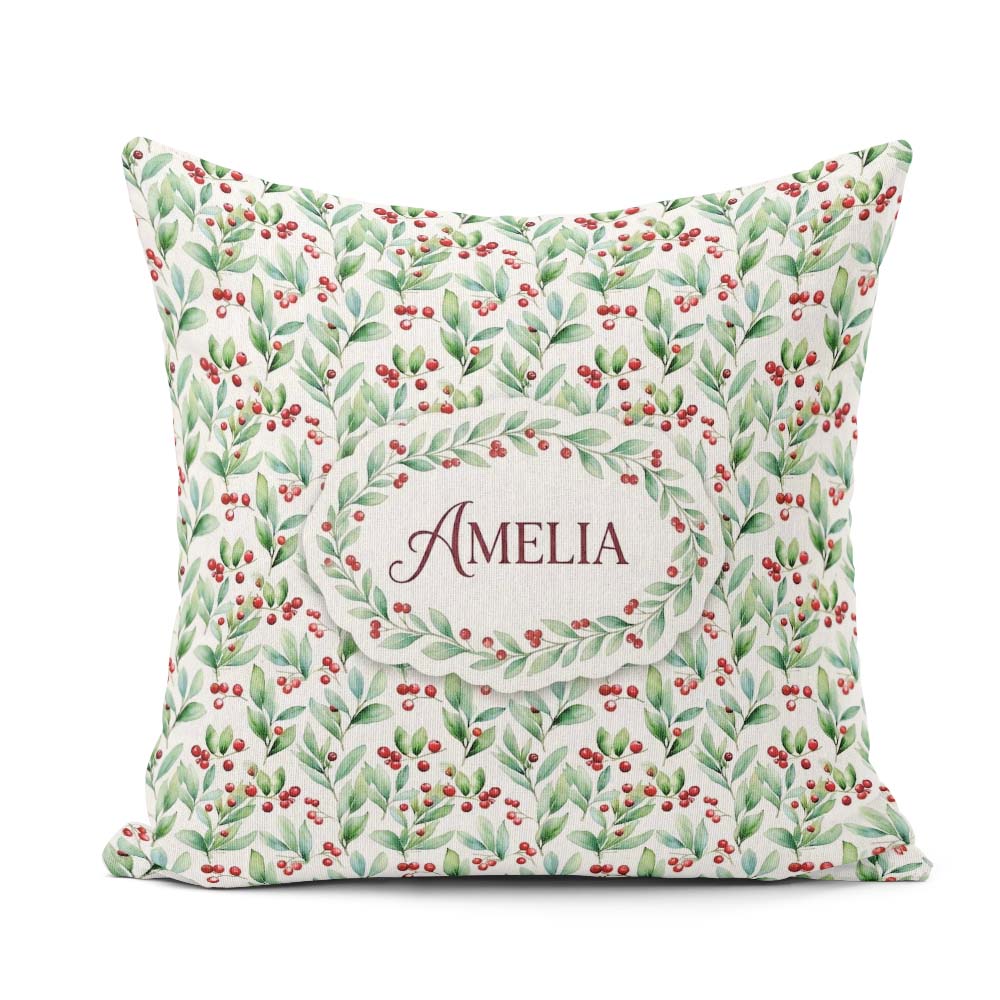 Custom Name Light Botanical Leaves and Berry Clusters Watercolor Square Filled Cushion Throw Pillow Sofa Bed Home Decor Zip Washable UK Made