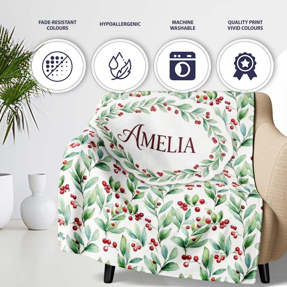 Light Botanical Leaves and Red Berry Clusters Seamless Watercolor  Personalised Custom Name Super Soft Fleece Blanket Bed Sofa Throw