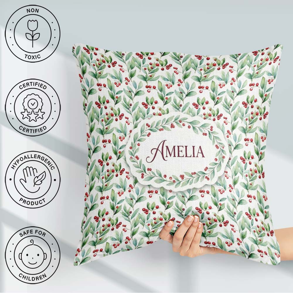 Custom Name Light Botanical Leaves and Berry Clusters Watercolor Square Filled Cushion Throw Pillow Sofa Bed Home Decor Zip Washable UK Made