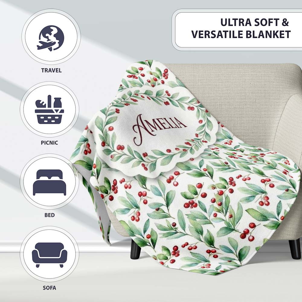 Light Botanical Leaves and Red Berry Clusters Seamless Watercolor  Personalised Custom Name Super Soft Fleece Blanket Bed Sofa Throw