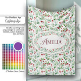 Light Botanical Leaves and Red Berry Clusters Seamless Watercolor  Personalised Custom Name Super Soft Fleece Blanket Bed Sofa Throw