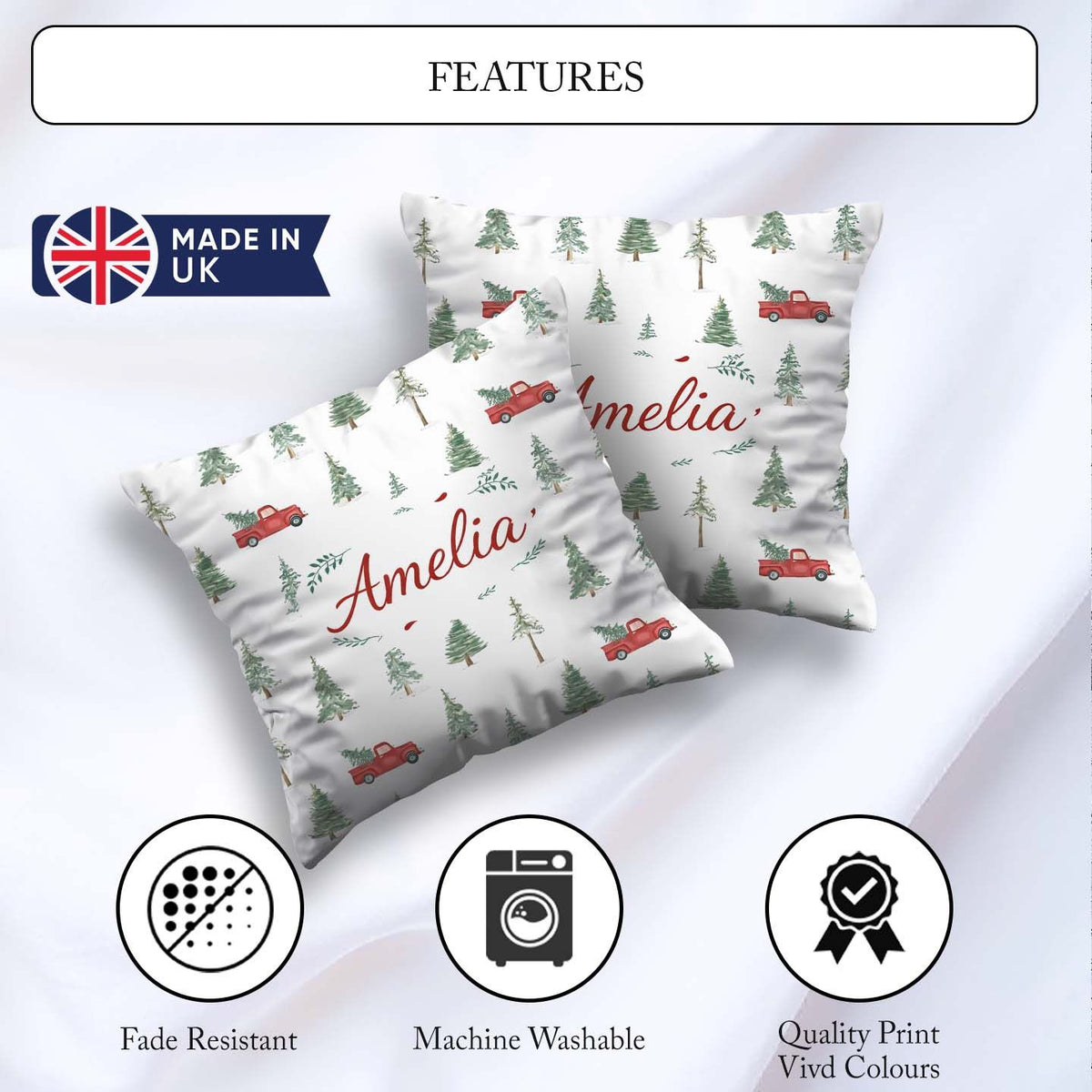 Custom Name Winter Forest Red Car Christmas Tree Seamless Design Square Filled Cushion Throw Pillow Sofa Bed Home Decor Zip Washable UK Made