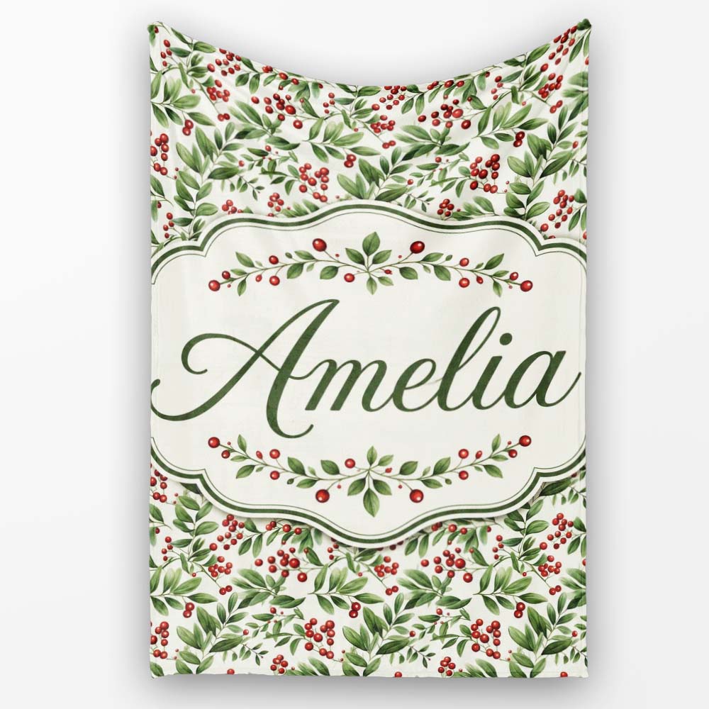 Delicate Green Leaves and Red Berries Minimal Botanical Seamless  Personalised Custom Name Super Soft Fleece Blanket Bed Sofa Throw