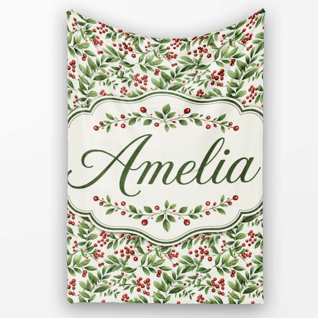 Delicate Green Leaves and Red Berries Minimal Botanical Seamless  Personalised Custom Name Super Soft Fleece Blanket Bed Sofa Throw