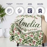 Delicate Green Leaves and Red Berries Minimal Botanical Seamless  Personalised Custom Name Super Soft Fleece Blanket Bed Sofa Throw