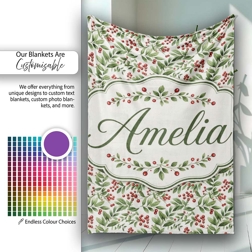 Delicate Green Leaves and Red Berries Minimal Botanical Seamless  Personalised Custom Name Super Soft Fleece Blanket Bed Sofa Throw