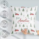 Custom Name Winter Forest Red Car Christmas Tree Seamless Design Square Filled Cushion Throw Pillow Sofa Bed Home Decor Zip Washable UK Made