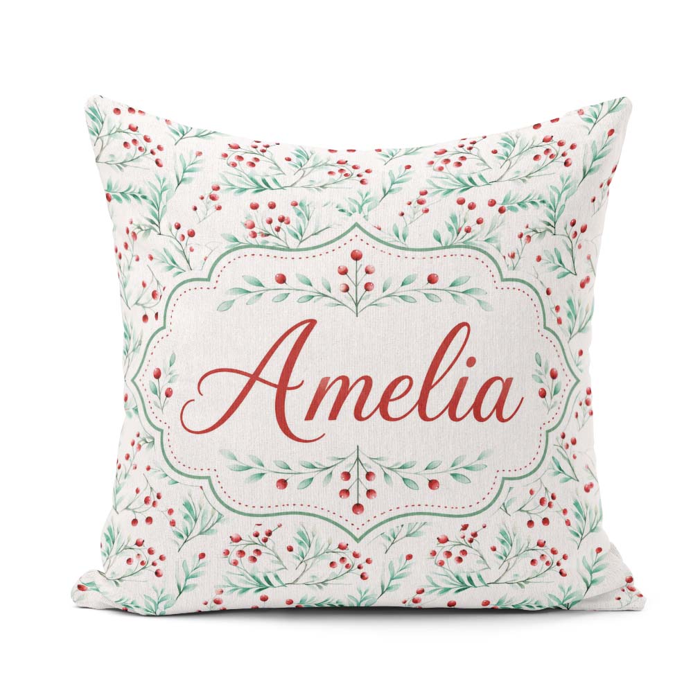 Custom Name Classic Green and Red Berry Botanical Repeat Pattern Square Filled Cushion Throw Pillow Sofa Bed Home Decor Zip Washable UK Made