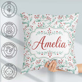 Custom Name Classic Green and Red Berry Botanical Repeat Pattern Square Filled Cushion Throw Pillow Sofa Bed Home Decor Zip Washable UK Made