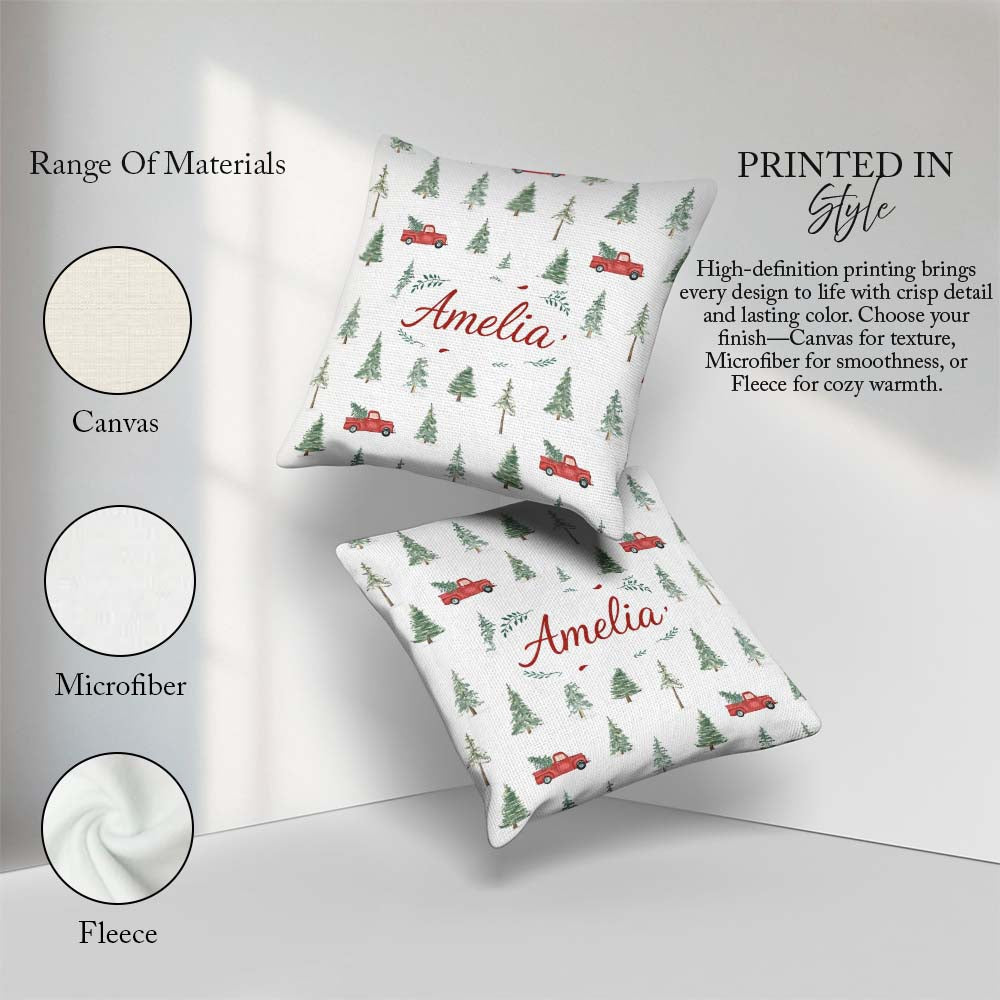 Custom Name Winter Forest Red Car Christmas Tree Seamless Design Square Filled Cushion Throw Pillow Sofa Bed Home Decor Zip Washable UK Made