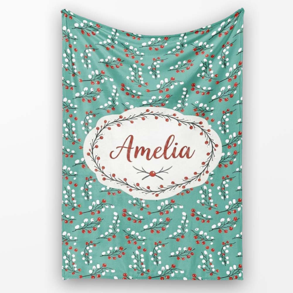 Soft Blue Green Foliage with Red Berries Watercolor Seamless Pattern  Personalised Custom Name Super Soft Fleece Blanket Bed Sofa Throw