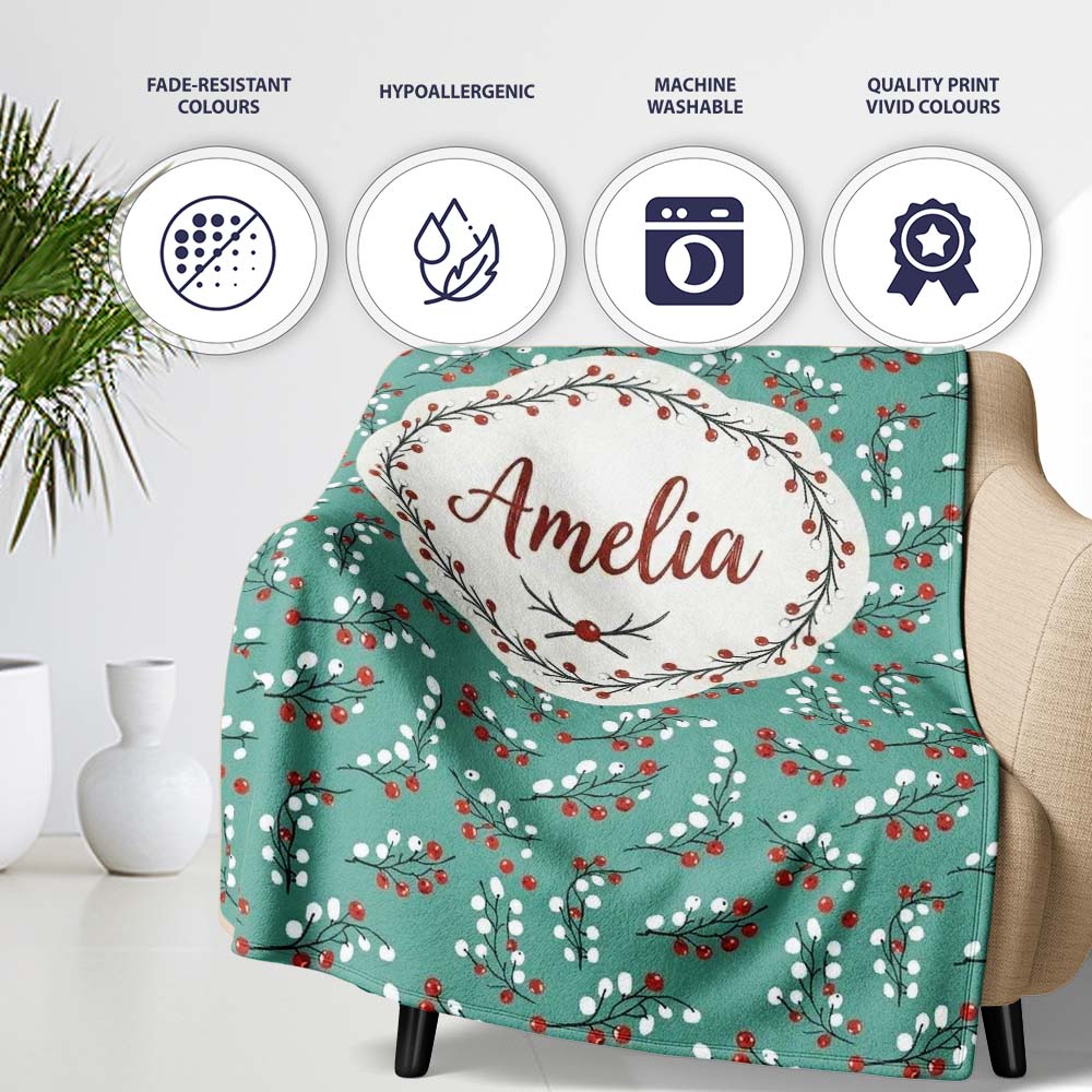 Soft Blue Green Foliage with Red Berries Watercolor Seamless Pattern  Personalised Custom Name Super Soft Fleece Blanket Bed Sofa Throw