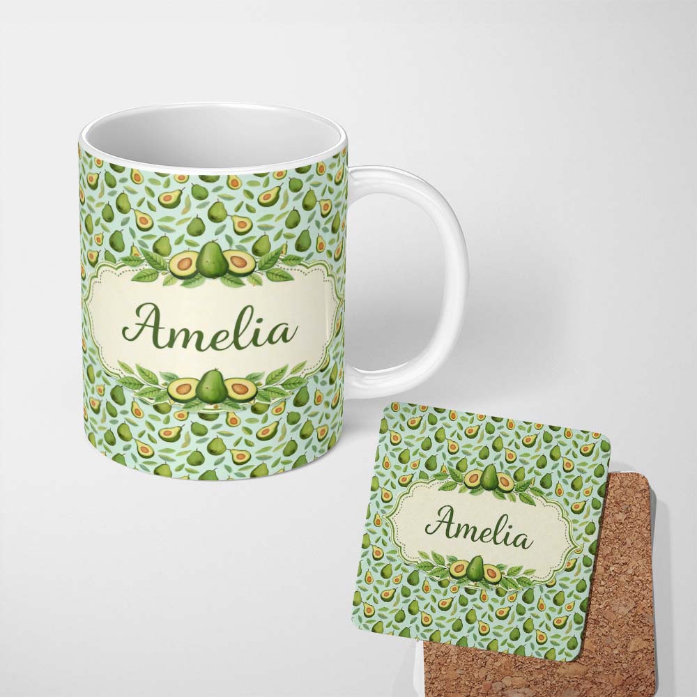 Personalized Custom Name Fresh Avocado Pear Leaf Seamless Pattern Soft Blue Background Lovely 11oz Ceramic Coffee Tea Mug White Large Handle