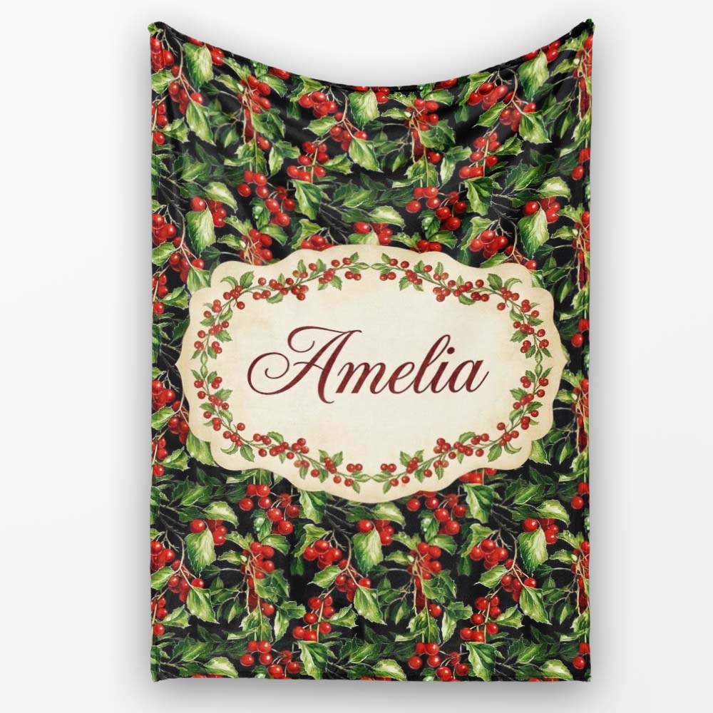 Rich Dark Holly Leaves and Red Berries Christmas Seamless Pattern  Personalised Custom Name Super Soft Fleece Blanket Bed Sofa Throw