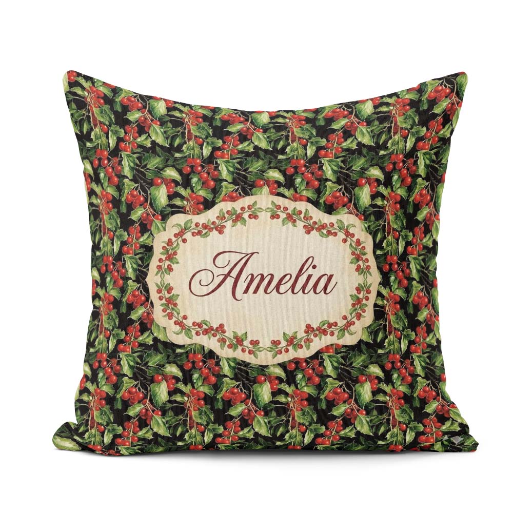 Custom Name Rich Holly Leaves and Red Berries Christmas Seamless Square Filled Cushion Throw Pillow Sofa Bed Home Decor Zip Washable UK Made