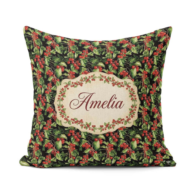 Custom Name Rich Holly Leaves and Red Berries Christmas Seamless Square Filled Cushion Throw Pillow Sofa Bed Home Decor Zip Washable UK Made