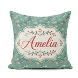 Custom Name Festive Green Background Red and White Berry Pattern Square Filled Cushion Throw Pillow Sofa Bed Home Decor Zip Washable UK Made