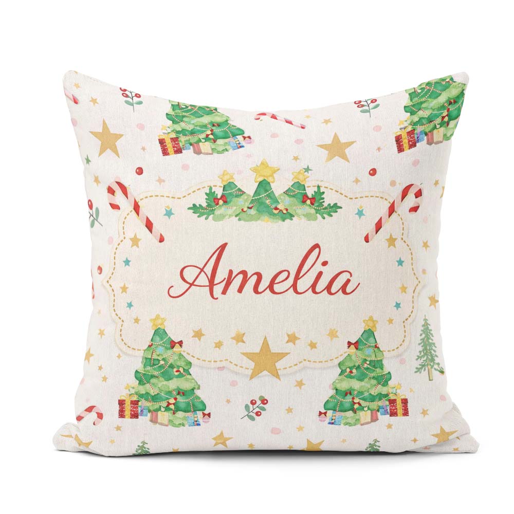 Custom Name Watercolor Christmas Tree Candy Cane Pattern Festive Square Filled Cushion Throw Pillow Sofa Bed Home Decor Zip Washable UK Made