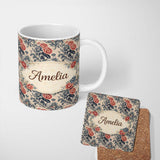 Personalized Custom Name Blue Red Vintage Floral Seamless Pattern Classic Botanical Lovely 11oz Ceramic Coffee Tea Mug White Large Handle