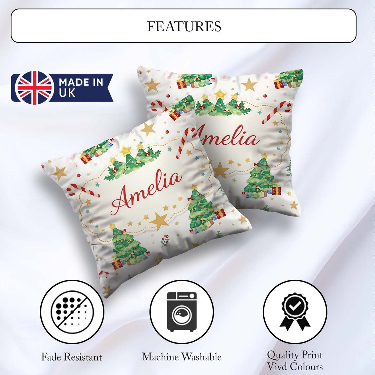 Custom Name Watercolor Christmas Tree Candy Cane Pattern Festive Square Filled Cushion Throw Pillow Sofa Bed Home Decor Zip Washable UK Made