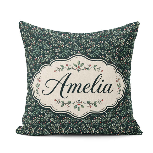 Custom Name Dark Green Botanical Leaves and Red Detailed Pattern Square Filled Cushion Throw Pillow Sofa Bed Home Decor Zip Washable UK Made