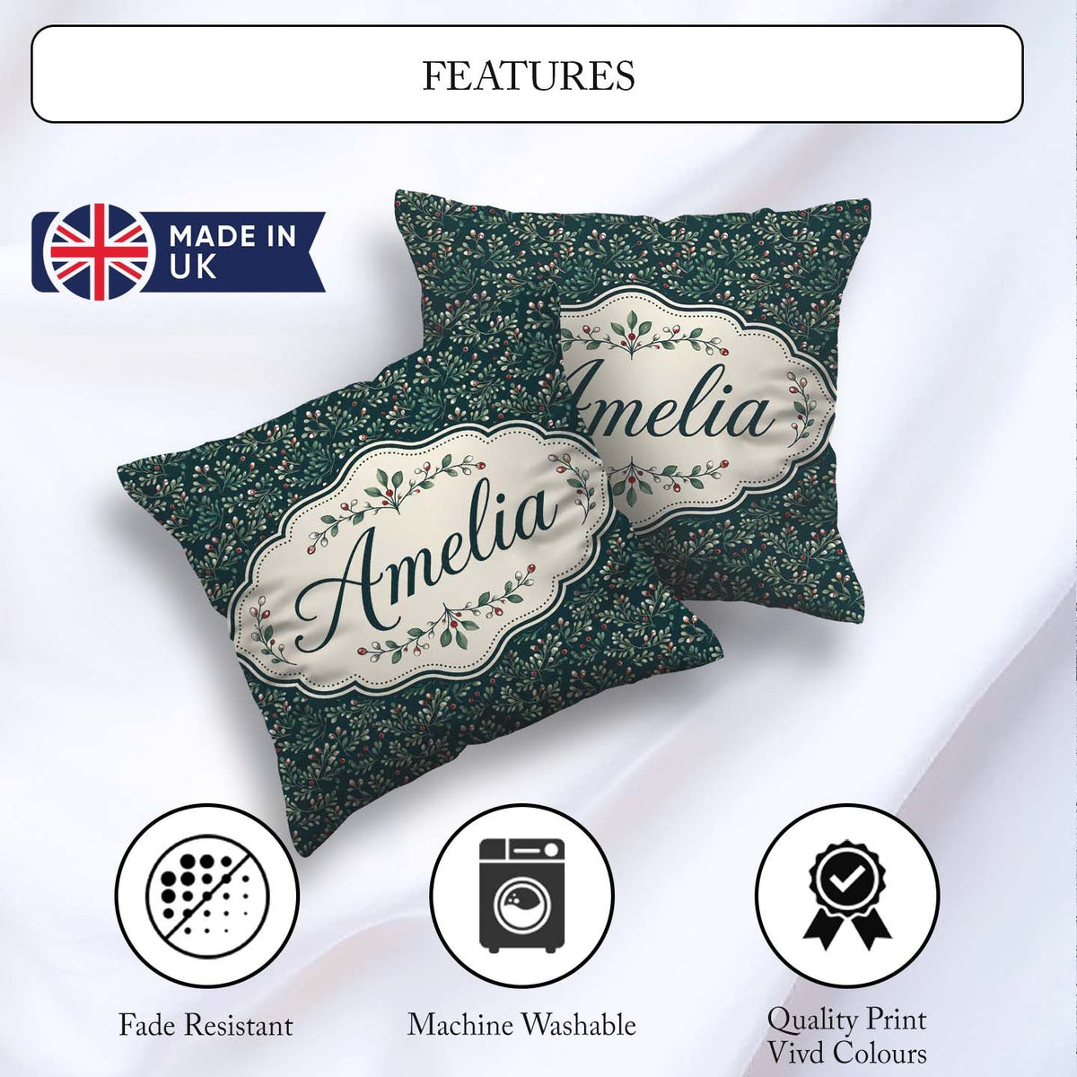 Custom Name Dark Green Botanical Leaves and Red Detailed Pattern Square Filled Cushion Throw Pillow Sofa Bed Home Decor Zip Washable UK Made