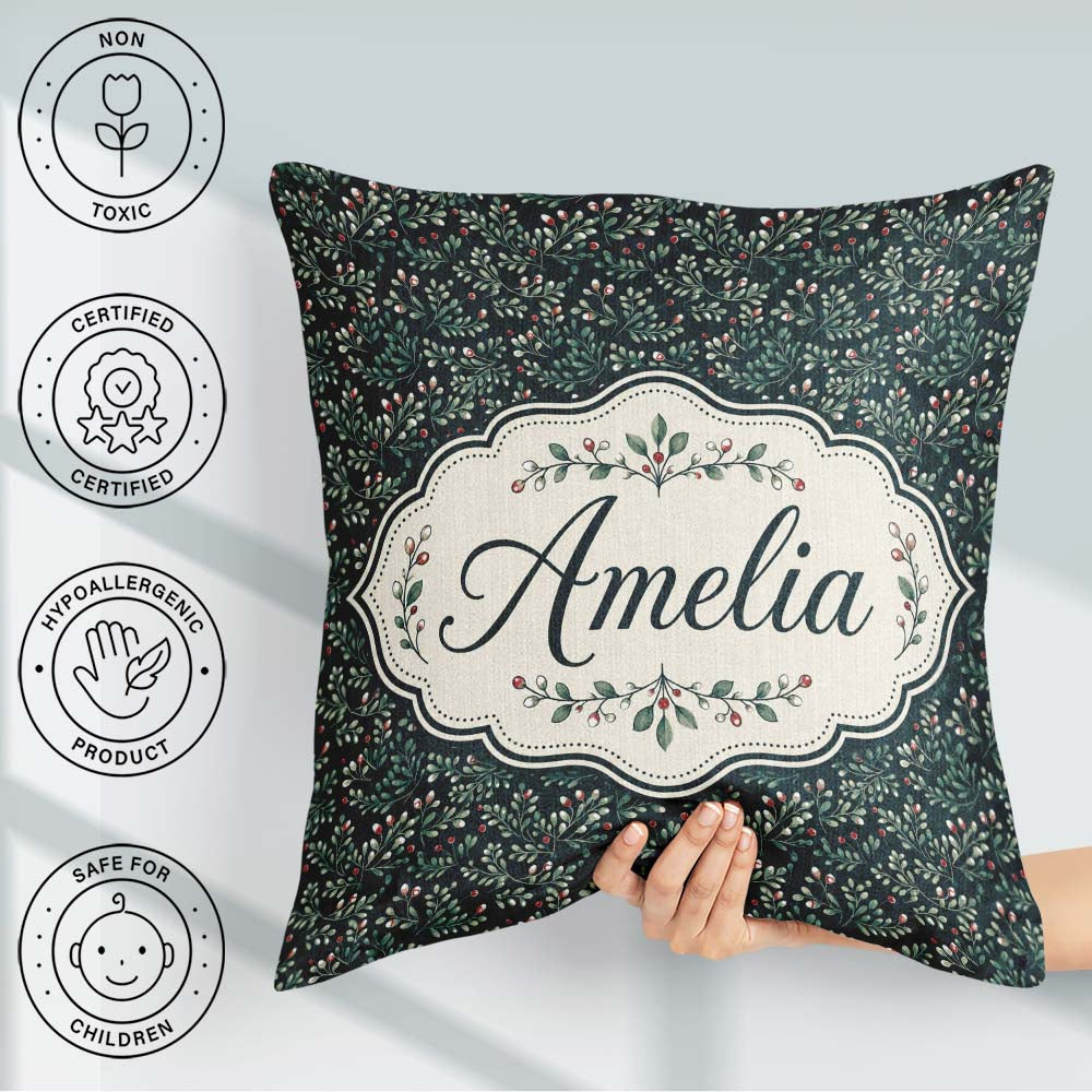 Custom Name Dark Green Botanical Leaves and Red Detailed Pattern Square Filled Cushion Throw Pillow Sofa Bed Home Decor Zip Washable UK Made