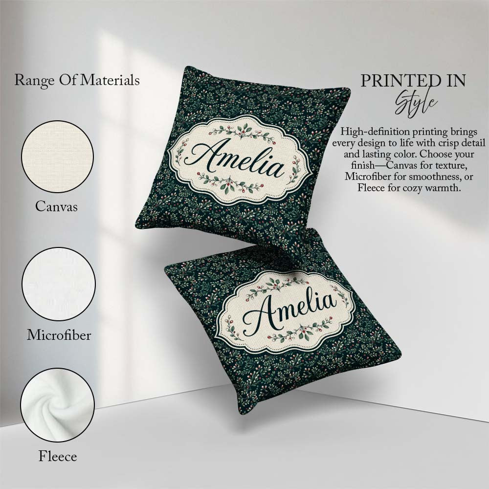 Custom Name Dark Green Botanical Leaves and Red Detailed Pattern Square Filled Cushion Throw Pillow Sofa Bed Home Decor Zip Washable UK Made