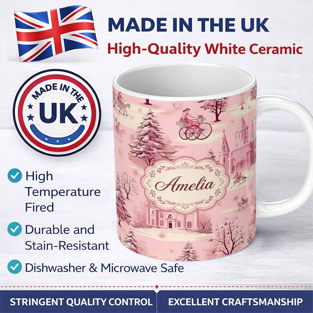 Personalized Custom Name Vintage Pink Christmas Village Winter Scene Seamless Pattern Lovely 11oz Ceramic Coffee Tea Mug White Large Handle