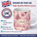 Personalized Custom Name Vintage Pink Christmas Village Winter Scene Seamless Pattern Lovely 11oz Ceramic Coffee Tea Mug White Large Handle
