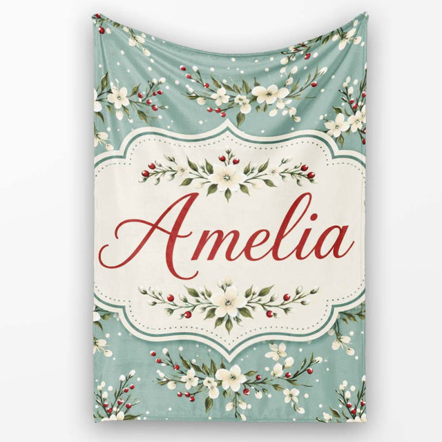 Soft Blue Floral and Berry Sprigs Seamless Pattern with Polka Dots  Personalised Custom Name Super Soft Fleece Blanket Bed Sofa Throw