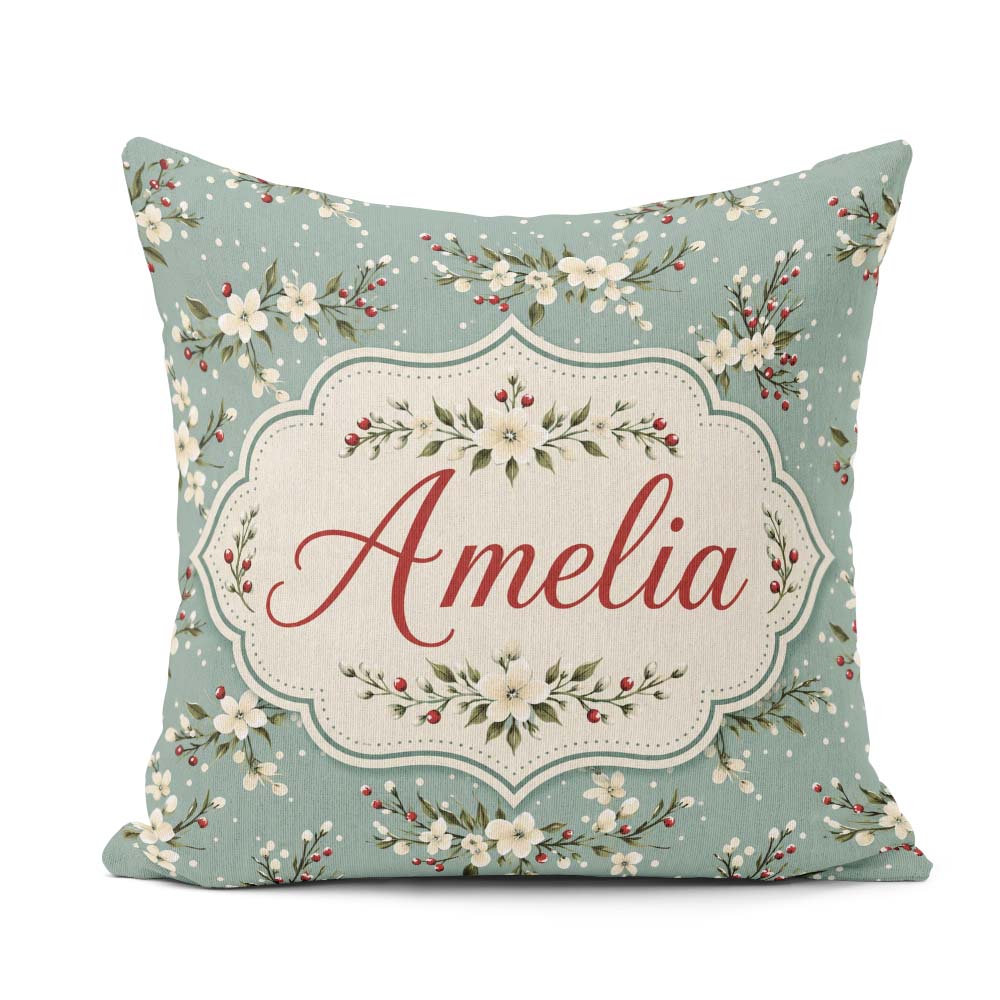 Custom Name Soft Blue Floral and Berry Sprigs Pattern with Polka Square Filled Cushion Throw Pillow Sofa Bed Home Decor Zip Washable UK Made