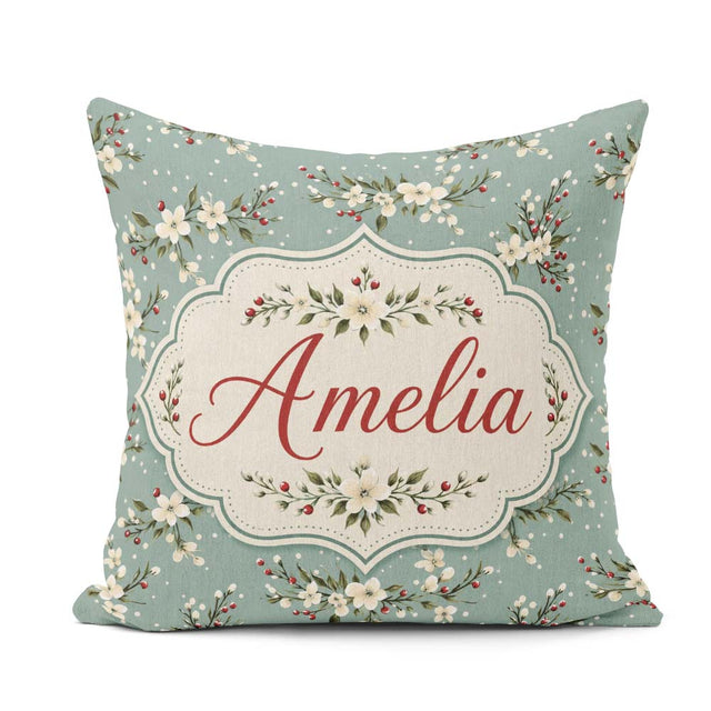Custom Name Soft Blue Floral and Berry Sprigs Pattern with Polka Square Filled Cushion Throw Pillow Sofa Bed Home Decor Zip Washable UK Made