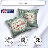 Custom Name Soft Blue Floral and Berry Sprigs Pattern with Polka Square Filled Cushion Throw Pillow Sofa Bed Home Decor Zip Washable UK Made
