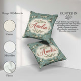 Custom Name Soft Blue Floral and Berry Sprigs Pattern with Polka Square Filled Cushion Throw Pillow Sofa Bed Home Decor Zip Washable UK Made
